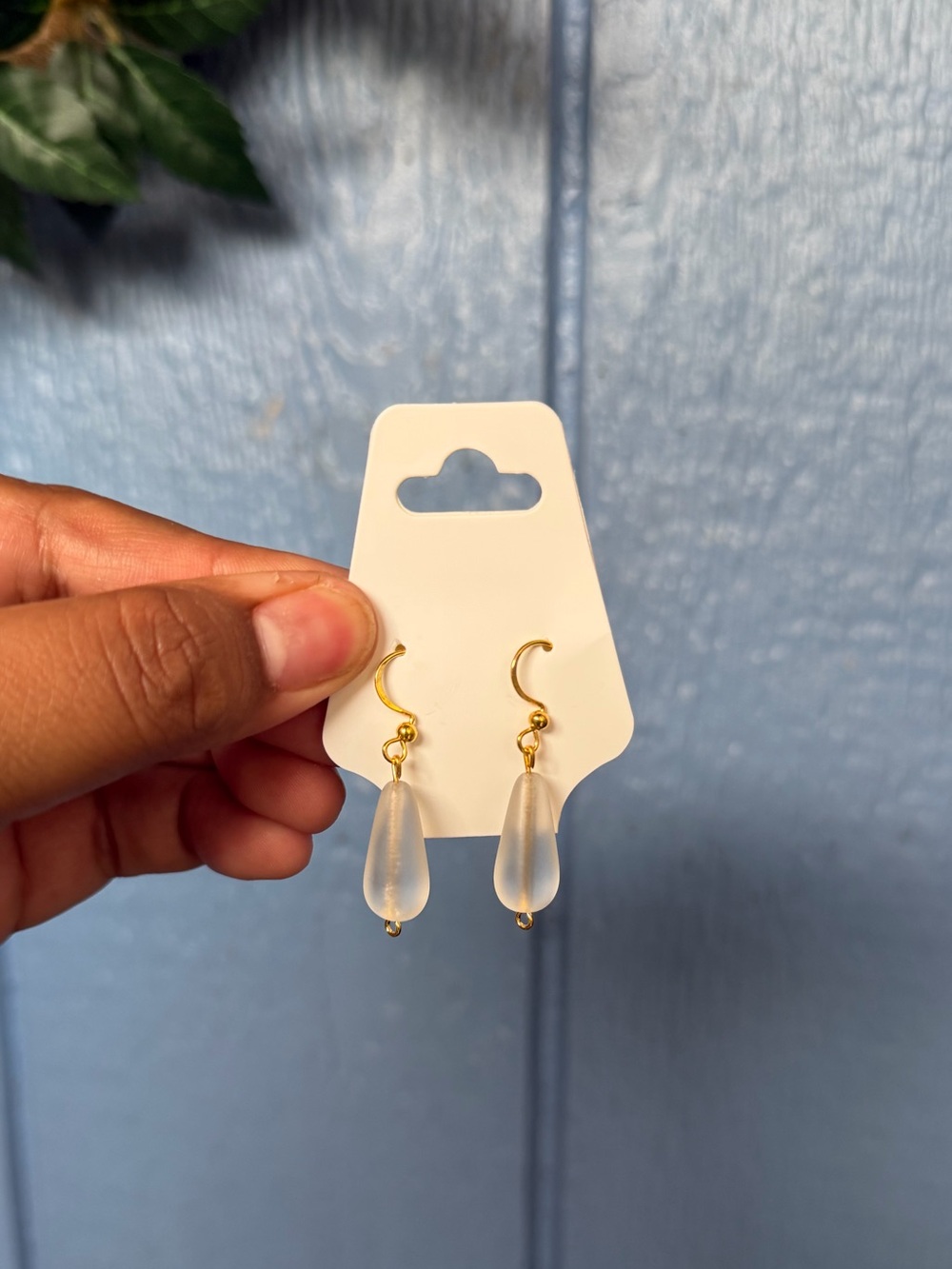 Gold Drop Teardrop Earrings with Frosted White Glass Beads a Womens Jewelry